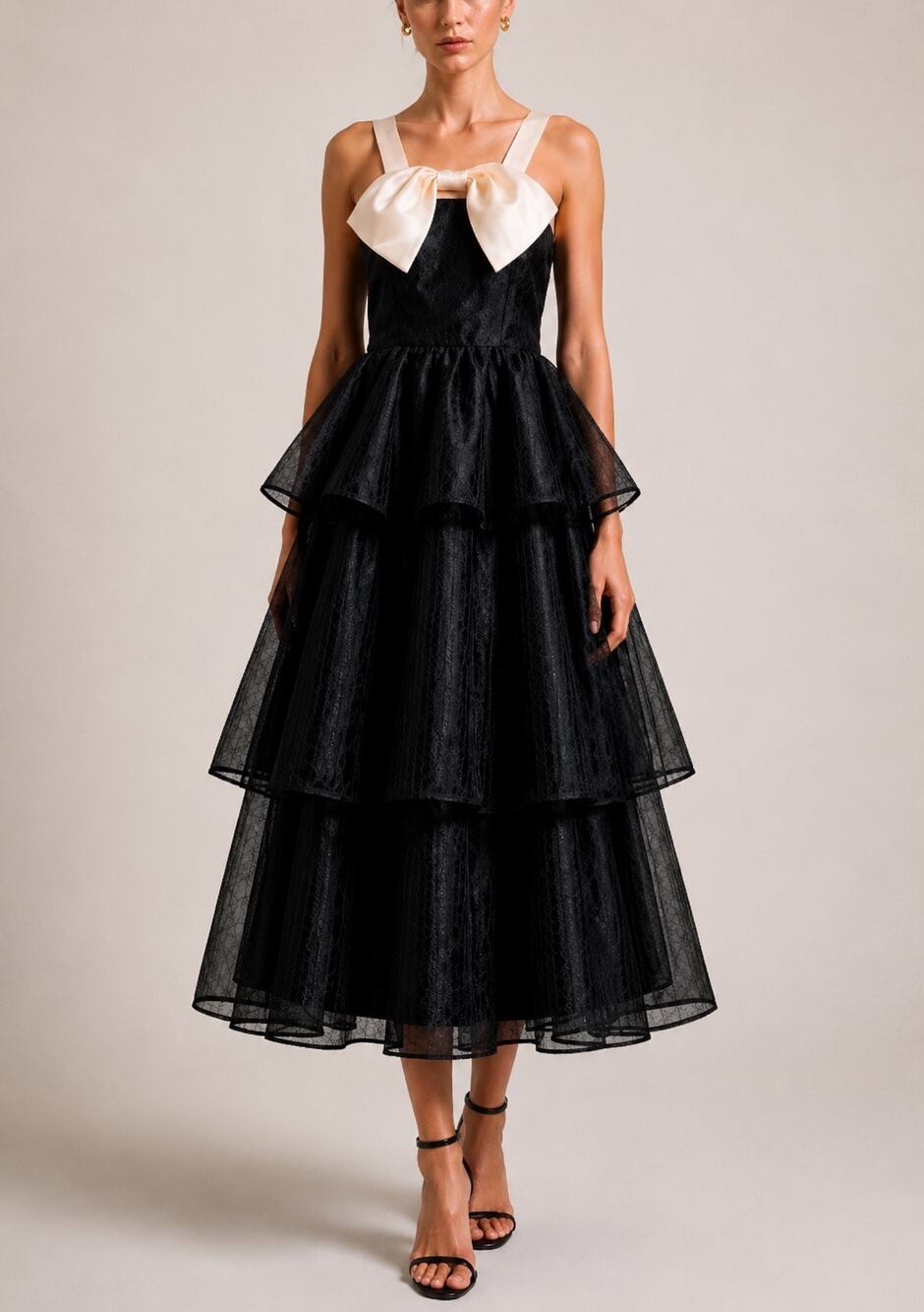 Lulus Organza Tiered Midi Dress Large Satin Bow Coquette Balletcore Cocktail NWT